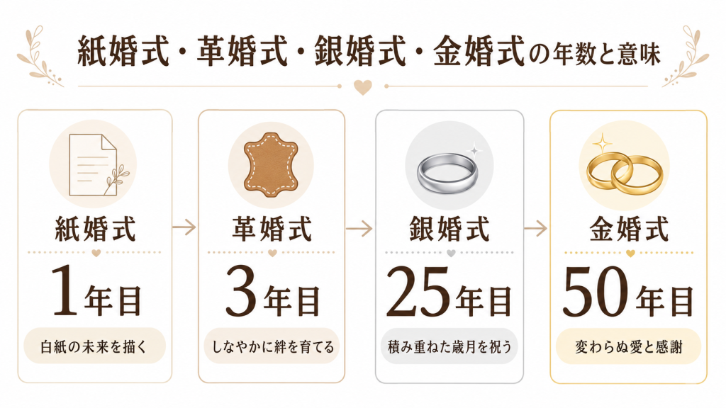 紙婚式・革婚式・銀婚式・金婚式の年数と意味