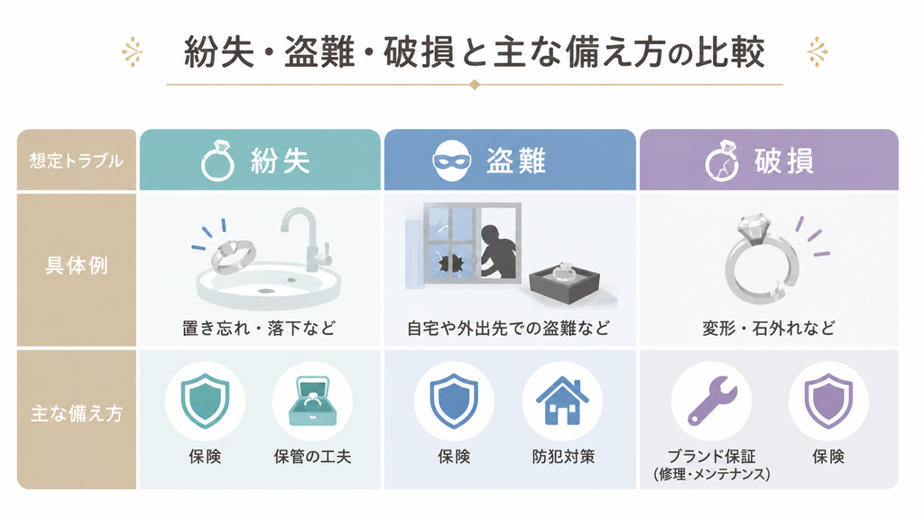 紛失・盗難・破損と主な備え方の比較