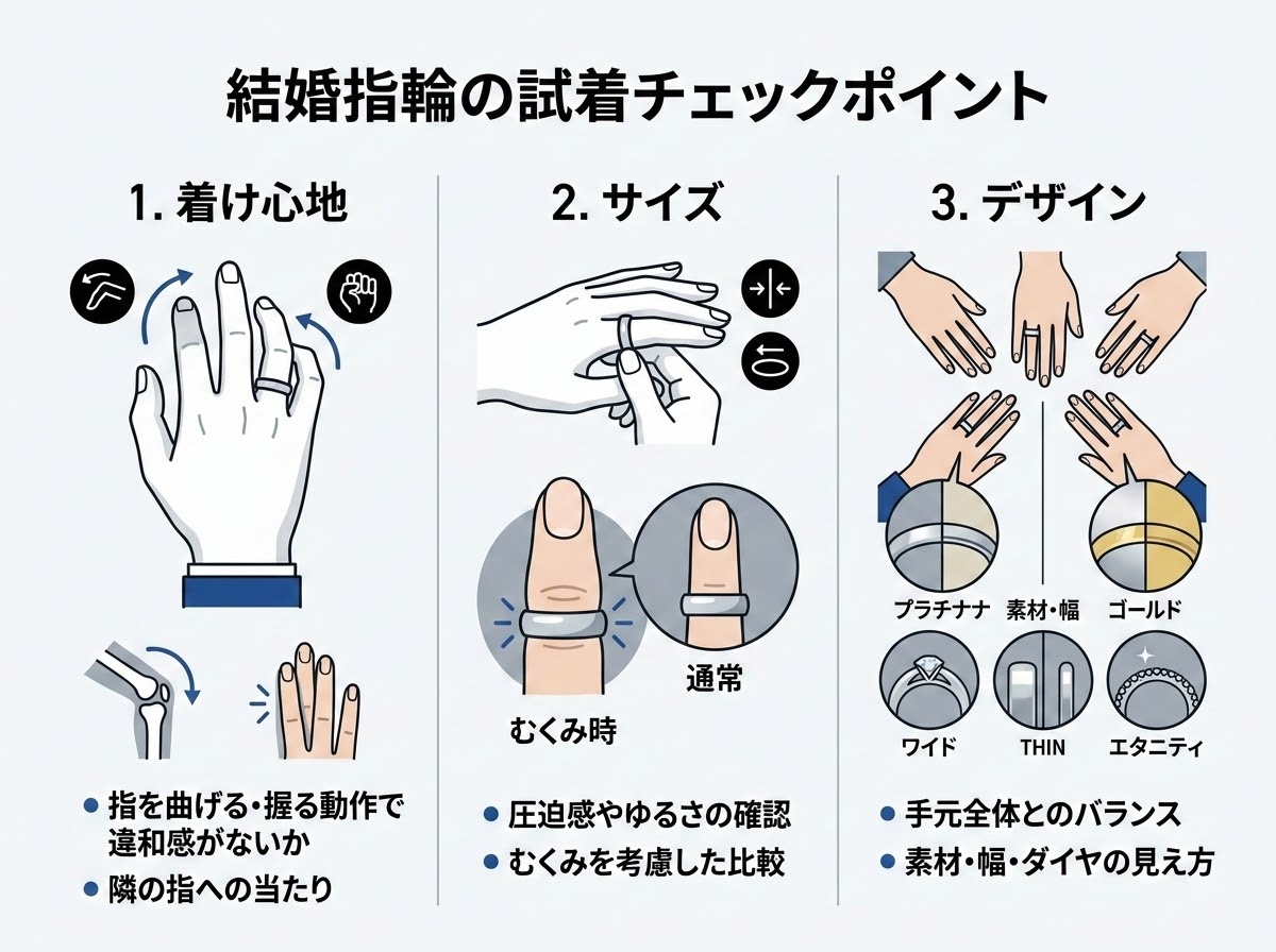 結婚指輪の試着チェックポイントの図解